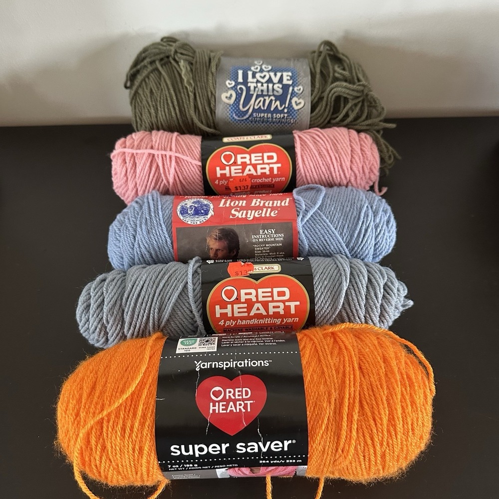 VTG New Lot‎ Of 5 Acrylic Yarn Skeins Red Heart Mix Pink Orange Blue Green 4 Ply